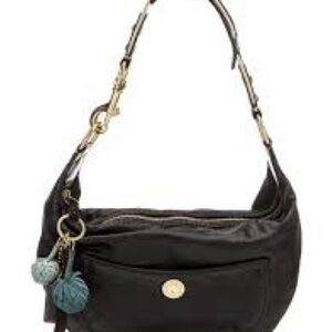 vintage Gorgeous Blk Satin Hampton hobo Coach bag with pom poms Y2k